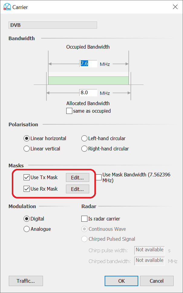 Carrier object’s Tx and Rx masks