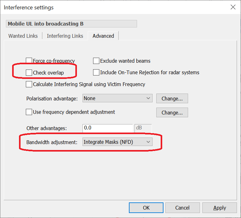 NFD calculation - Interference Settings